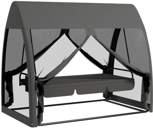 Outsunny 2 in 1 Hollywoodschaukel Liegefunktion 240 x 140 x 197 cm Grau | 3-Sitzer Gartenschaukel, Baldachin, Mückennetz, Schaukelbank Belast Bis 300kg, Gartenliege für Garten, Terrasse