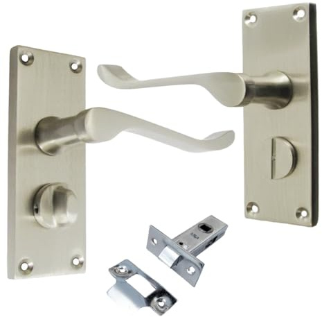 Epsom Door Handle Victorian Scroll Satin Nickel Privacy Bathroom Door Handle Set Satin Door Handles with Privacy Lock with Tubular Latch for Interior Doors