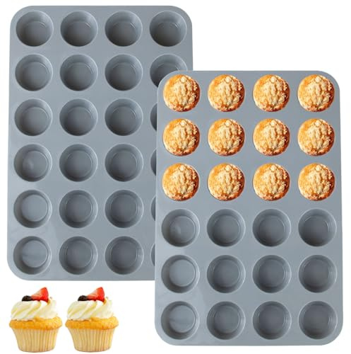 LERIYUFS 24 Cups Silicone Mini Muffin Pan Set, Nonstick Mini Cupcake Pans, BPA Free Small Muffin Tin for Baking, Set of 2 (Grey+Grey)