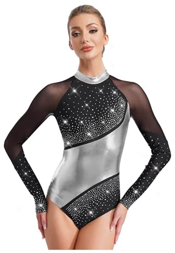 Yeahdor Damen Glänzend Turnanzug Langarm Tanztrikot Strass Ballettkleid Eiskunstlauf Kleider Gymnastik Leotard Tanzkleidung