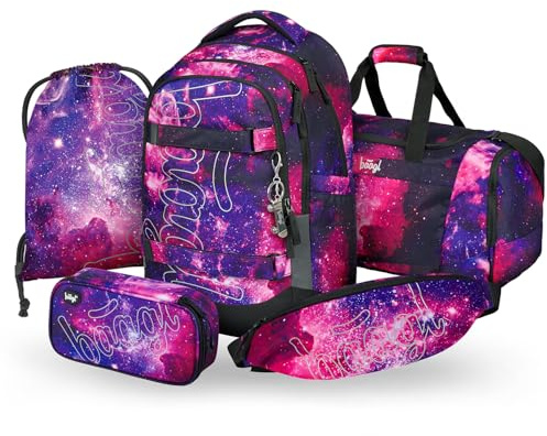 Baagl skolryggsäcksset pojkar flickor tonåringar 5 delar (skateboardryggsäck skate Max, pennfodral, gymväska, sportväska, magväska), ergonomisk skolväska, 30 L (galax)