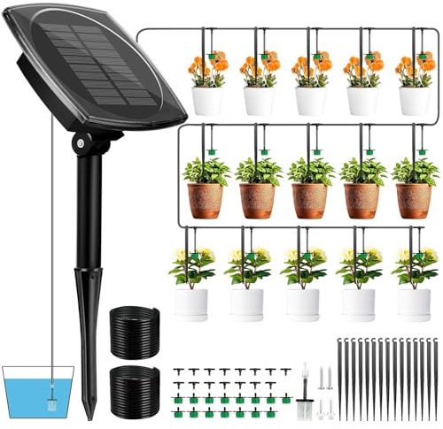 Dekofun Sistema di irrigazione a energia solare, irrigazione automatica per piante in vacanza, sistema di irrigazione balcone con antisiphone, tubo da 15 m, 12 timer, irrigazione a goccia per esterni