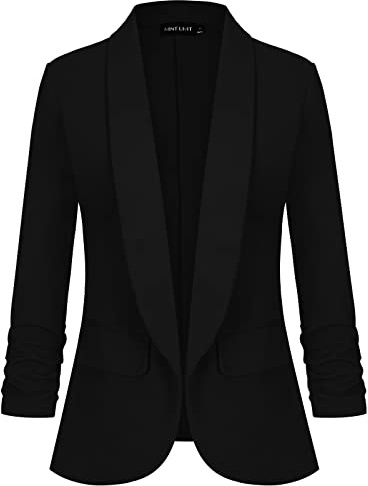MINTLIMIT Women's 3/4 Ruched Sleeve Blazer Open Front Jacket Suit Plain Work Office Tops Coat Outerwear Flap Pockets