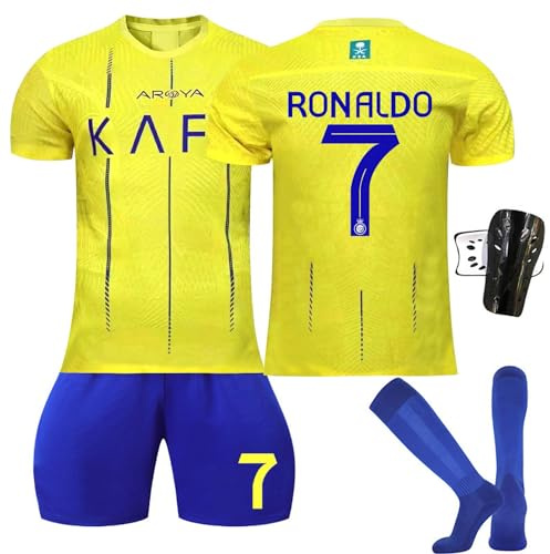 BOSSETY Trikot für Kinder und Erwachsene Al NASSR FC No.7 Fußball Trikot Heim/Auswärtstrikot Fussball Trikots Football Jersey Nr.7 Top Shorts Socken Schienbeinschoner 4-in-1 Set für Junge Herren Anzug