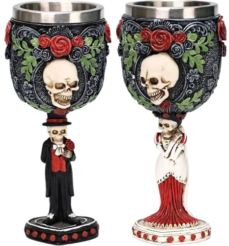 Gobelet À Vin Gothique Jour des Morts Gobelet À Crâne Squelette Jour des Morts Halloween Mariée Marié Roses Noires Coupe À Vin Calice À Vin