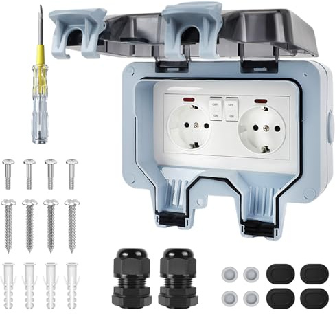 Aussensteckdose Wasserdicht IP66 mit Schalter Kontrollleuchte, Steckdose Aussen, Feuchtraum Steckdose Aufputz, Außensteckdose Aufputz für Garten den Aussenbereich,Garage