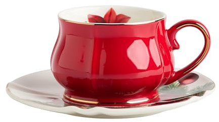 home&you - à Miravella avec Soucoupe, 220 ml, Service à Thé, Noël, Décoration de Table, New Bone China, Tasse et Soucoupes, Mugs et Tasses à Café, Idée Cadeau - Rouge