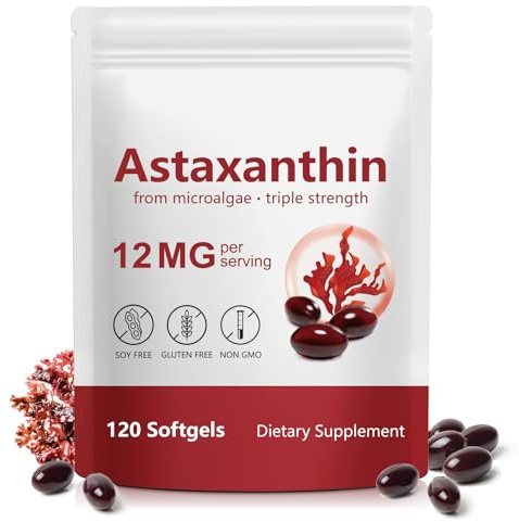 Astaxanthin 12mg, 120 Softgels, Max Strength Antioxidant, High Absorption for Eye & Skin, Brain, Heart, Immune System Support, Gluten Free