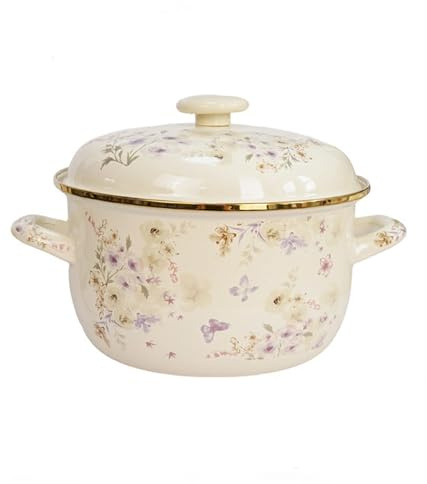 Emaille Suppentopf mit Deckel Hitzebeständig, Doppelgriff, Aquarell Kunst | Retro Blume, für Suppe Reisgerichte Küchenhelfer(4.5L)