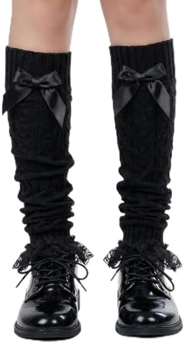 ASFWAGQ Winter Beinstulpen Damen - Häkel Leg Warmers mit Schleife & Spitze, Y2K Strick Stulpen für Lolita, Cosplay, Täglichen Gebrauch | Gestrickte Kniehohe Beinwärmer
