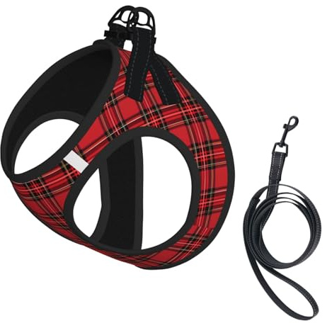 Rotes Tartan-Karo-Hundegeschirr mit Leine, niedliche, reflektierende, verstellbare Weste für kleine Hunde, atmungsaktives Mesh-Welpengeschirr zum Spazierengehen und Wandern, Größe M