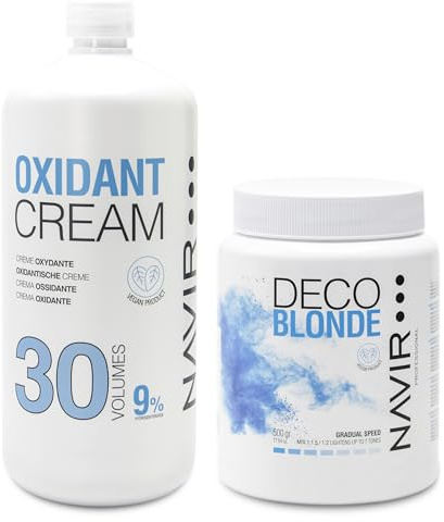 NAVIR Professional | Hårblekningspaket | Decoblonde blått blekningspulver upp till 7 toner med Keratin + Väteperoxid i kräm | Hår för kvinnor och män (Pulver 500g + Vatten 1000ml 30 Vol)