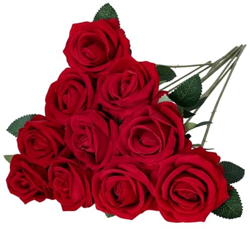 10 PCS Red Artificial Roses,Artificial Roses,Faux Flowers Single Long Stem Blooms With Rose Buds,Red Fake Roses Artificial Flowers,Bridal Wedding Bouquet Realistic Flower for Home Garden Decoration