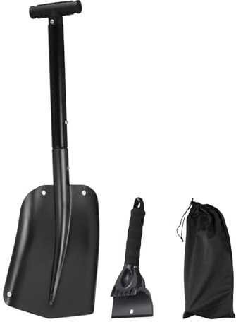 QUARKZMAN Pala De Nieve 3 En 1 De Aluminio con Rascador De Hielo Y Kit De Emergencia para Quitar Nieve con Bolsa De Almacenamiento para Coche Camping Jardinería Negro