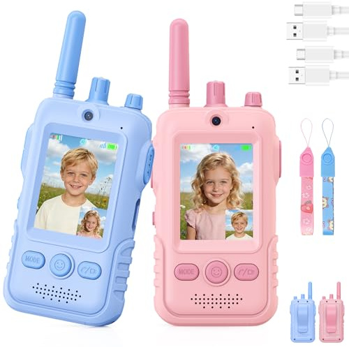 Walkie Talkie para Niños(Set de 2),Walkie Talkies Recargables con Videollamada,Largo Alcance, Clip para Cinturón y Linterna LED,Juguete Regalo de Cumpleaños para Niños y Niñas de 3 a 12 Años