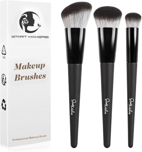 Start Makers Makeup Brushes 3Pcs Set, Foundation Brush for Liquid Makeup, Powder Brush & Concealer Brush, Vegan Synthetic Face Brush Kit for Flawless Blending, Bronzer & Setting
