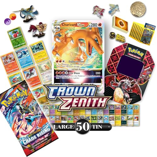 Collectors Pokemon Sword&Shield Mega Tin + FREE BOOSTER PACK! w/ 50 Pokemon cards incl. 10x Holos | 1x Ultra Rare Sword&Shield Card | Collectors pins + figures! | 50x Sleeves, + more | Poke Bruvs