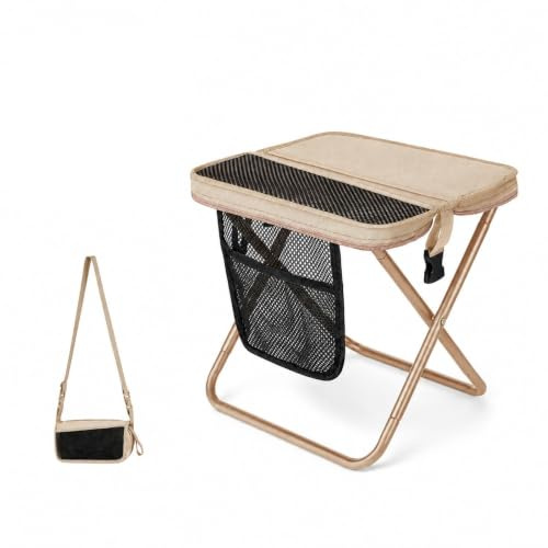 Bcuuozeeing Sgabello pieghevole portatile, per esterni, da campeggio, con tasca con cerniera, per viaggi, escursioni, giardino, pesca, barbecue, spiaggia (beige)