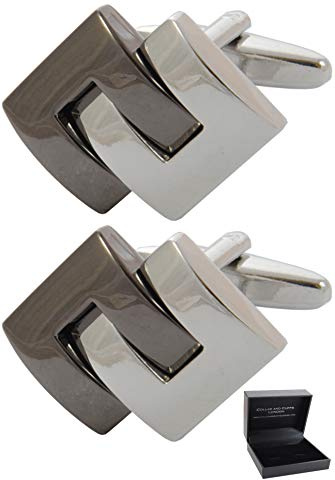 Manschettenknöpfe Herren Silber Farbe - Mit Box - Symmetrisch - Interlocking C Design - Langlebiges Messing - Silber und Bronze Farben - Modernes Design - Ein Paar