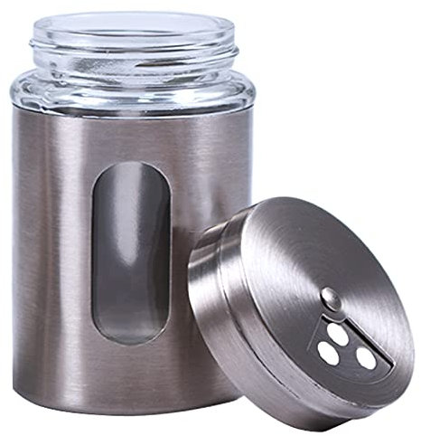 Alimat PluS 1 Pack Large Salt Shaker with 3 Adjustable Pour Holes - 7×10.9 cm Salt and Pepper Shaker with Stainless Steel Outer Layer and Internal Thick Glass for Granular Seasoning