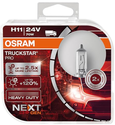 OSRAM TRUCKSTAR® PRO H11, +120% mehr Helligkeit, Halogen-Scheinwerferlampe, 64216TSP-HCB, 24V LKW Lampe, Duo Box (2 Lampen)