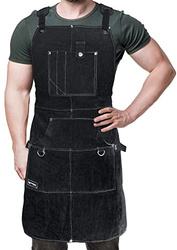 FIGHTECH Leather Work Apron with Tool Pockets, Welding Apron w Kevlar Stitching, Woodworking Shop, Adjustable M-XXL (Black, Leather)