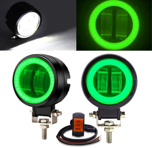 NWpangu Feux de conduite de moto à LED, projecteurs LED à anneau halo rond de 7,6 cm, feux de travail supplémentaires 12 V/24 V, feux de conduite antibrouillard,Vert (interrupteur inclus)