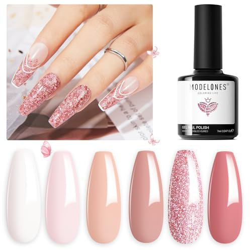 Modelones Vernis Semi Permanent Nude Rose, Vernis Gel UV Semi Permanent Kit 6 Couleur Vernis à Ongles Semi Permanent Soak Off Gel Polish French Manucure Adapté au Printemps Été Fête des Mères