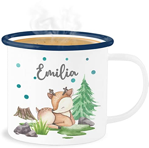 Emaille Becher Blechbecher - Reh mit Name personalisiert I Rehlein I Rehkitz I Waldtier - 300 ml - Weiß Blau - tier waldtiere tasse tiere personalisierte trinkbecher tieren personalisierter tassen