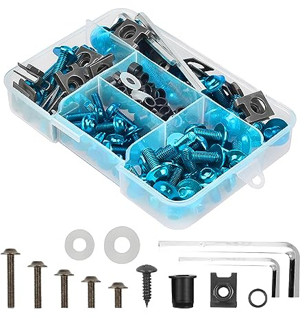 BELOMI Motorcycle Fairing Bolt Kit, 177pcs M5 M6 Motorcycle Windscreen Screws, Aluminum Fasteners Fairing Bolts Nut Clips Kit, Mounting Kits Washers Nuts Screws Assortment for Sport Bikes (Sky Blue)