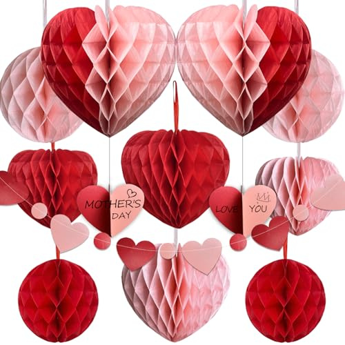 Syoulin Decoraciones para el día de San Valentín, Bolas de Nido de Abeja en Forma de corazón de Color Rosa y Rojo, para adornar tu Fiesta romántica y Dejar Que el Amor Brille