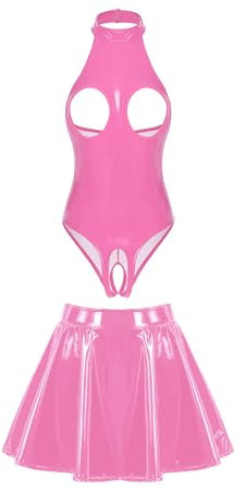 CHICTRY Damen Lack Leder Body Busenfrei Catsuit Offener Schritt Dessous Mit A Linien Rock Latex Minirock Pole Dance Outfit Rosa S