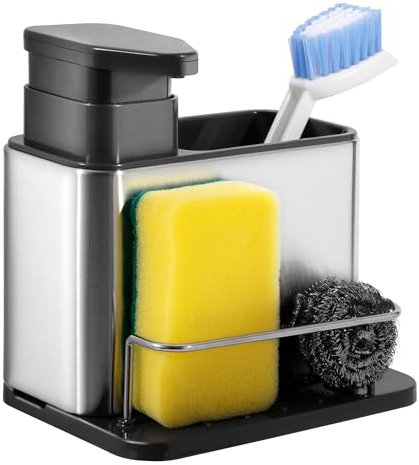 Spülbecken Organizer mit Spülmittelspender, Edelstahl Seifenspender Caddy Organizer, Küche Spülorganizer mit Tropfschale, Geeignet für Küchenspüle, Bürsten, Lappen, Schwämme