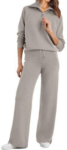 Glamaker Womens 2 Piece Outfits Sweatsuit Set Oversized Half Zip Sweatshirt Wide Leg Sweatpants Lounge Set Tracksuit, Grey 02, L