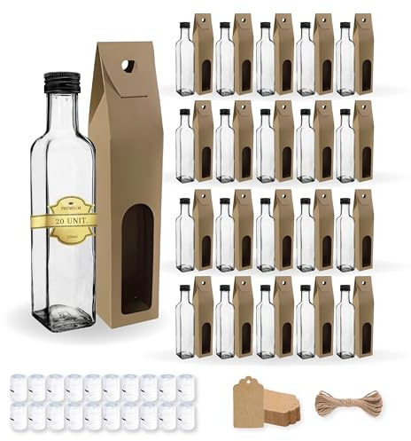 Set 20 Bottiglie di Vetro 250 ml con Tappo a Vite Nero + 20 Scatole, 20 Sigilli e 20 Etichette Kraft – Oliera Regalo per Olio, Aceto e Salse | Espirito Rebelde