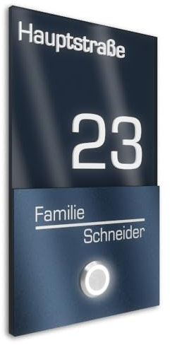 Graviers Design V2A sonnette de porte en acier inoxydable avec numéro de maison rue noms gravure - 110x180mm bouton LED plaque design moderne en revêtement RAL 7016 acrylique anthracite