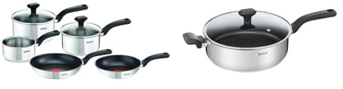 Tefal Comfort Max, Pan Set, 14cm Milkpan, 16cm and 18cm Saucepans with Lids, 20cm and 24cm Frying & 26cm Comfort Max Stainless Steel Non-Stick Saute Pan and Lid, Silver