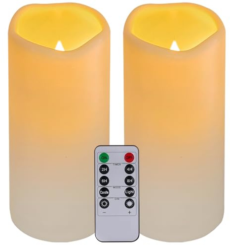 Nancia 2PACK Velas de plástico impermeables sin llama para exteriores con control remoto y temporizador, velas LED parpadeantes eléctricas de columna alimentadas por batería (D7 xH15cm) para camping
