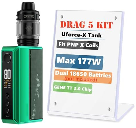 Original VO-OPOO Drag 5 Kit 177W Vape (Verde) Dual 18650 Baterías (Baterías no incluidas) Atomizador Uforce X Tank 5.5ml PNP X Coil 0.15/0.3ohm Kit Cigarrillo Electrónico - No Nicotine