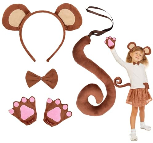 EUPSIIU 4-Piece Monkey Fancy Costume Set - Animal Cosplay with Ears, Tail, Paw Gloves & Bow Tie for Adults & Kids - Halloween, Carnival Cosplay
