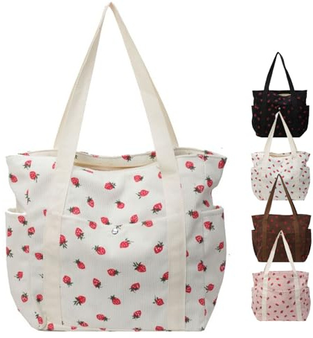 Aikelai Cord Tasche Damen Groß,Tote Bag Beuteltasche Damen Mädchen,Erdbeer Shopper Tasche Damen,Cordtaschen Tasche,Handtasche Arbeitstasche Damen