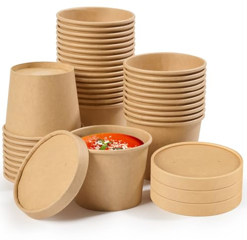 JOLLY CHEF 12 oz Disposable Paper Soup Containers with Lids, 50 Pack To Go Containers with Vented Lids, Disposable Lunch Paper Soup Cups