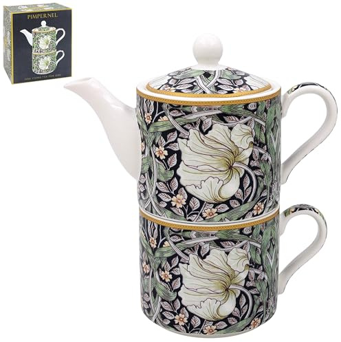 The Leonardo Collection William Morris Pimpernel Tea for One - Juego de tetera y taza de cerámica, hermoso regalo para la oficina, elegante tetera impresa para entusiastas del té, multicolor