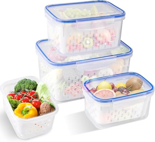 PEGRAUFC 3 Set Frischhaltedosen mit Deckel,Kühlschrank Organizer Set,Kunststoff Kühlschrank Organizer Obst Gemüse Salat Aufbewahrung, Frischhalteboxen mit Abtropfgitter 0,85L+1,75L+3,3L (Farbe)