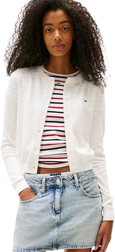 Tommy Jeans Donna Giacca in Maglia Cardigan Essential Crew Neck con Chiusura a Bottoni, Bianco (Ecru), XS
