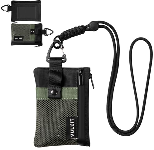 VULKIT Petit Portefeuille Minimaliste avec fenêtre d'identité, Porte-Cartes avec Blocage RFID, résistant à l'eau, Fermeture éclair, étui pour Cartes d'identité (Vert armée-Noir)