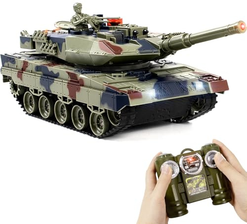 1/24 RC Serbatoio, Telecomando Battle Ger Leopard II Army Model Tank con effetti sonori, luci e fumo, 2.4G modello militare giocattolo per bambini, giocattolo da battaglia a infrarossi, perfetto per