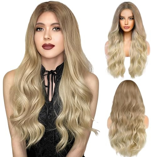 LUFFLOK Lunga Ondulata Parrucca Donna Biondo Lunga Riccia Parrucche Resistente Sintetici Naturale per Quotidiano Partito Cosplay Festa Carnevale Parrucca 68cm (Biondo)