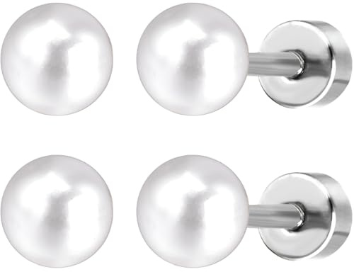 Juego de 2 pares de aretes de perlas de acero inoxidable con parte trasera plana, hipoalergénicos, joyería de rosca para orejas sensibles, para mujeres y mujeres, joyería de hélice, aretes de Perlas