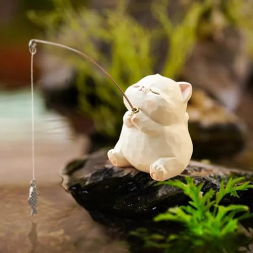 Vyloky Creative Angel Decoration Figure: Cat, Frog or Panda (4 x 4 x 5 cm) Made of Resin for Aquarium, Water Garden and Pond Edge - Idyllic Gift Idea (Kitten Fishing)